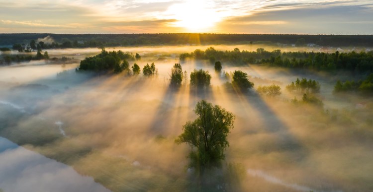Beautiful misty dawn in the spring on the river. Robotics and drone concept