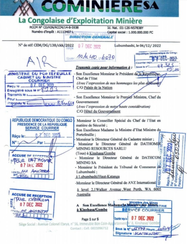 COMINIERE requests the postponement of the decrees waiving PR13359 for several violations and fraud by AVZ 5