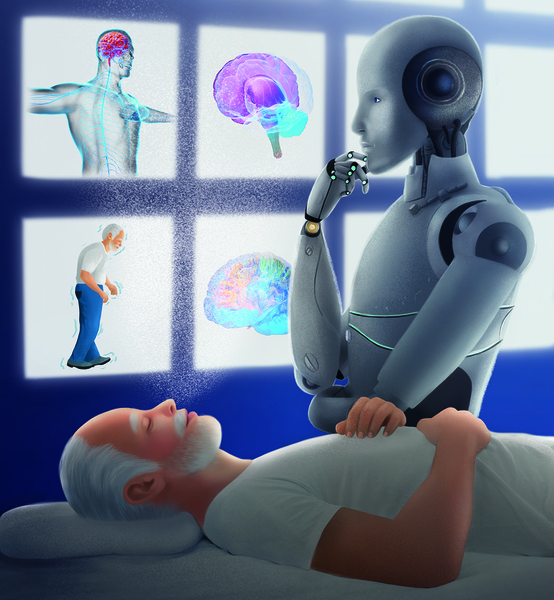 Side view of an older man lying down with a mist of white particles emanating from his nose and mouth. Beside him is an android in a pensive position, looking at images behind the man. Images include a rendering of a brain in purple; the human nervous system in blue and pink; a brain in blue, yellow, and green; and the man standing up with blue waves around his body representing tremors or shakiness.