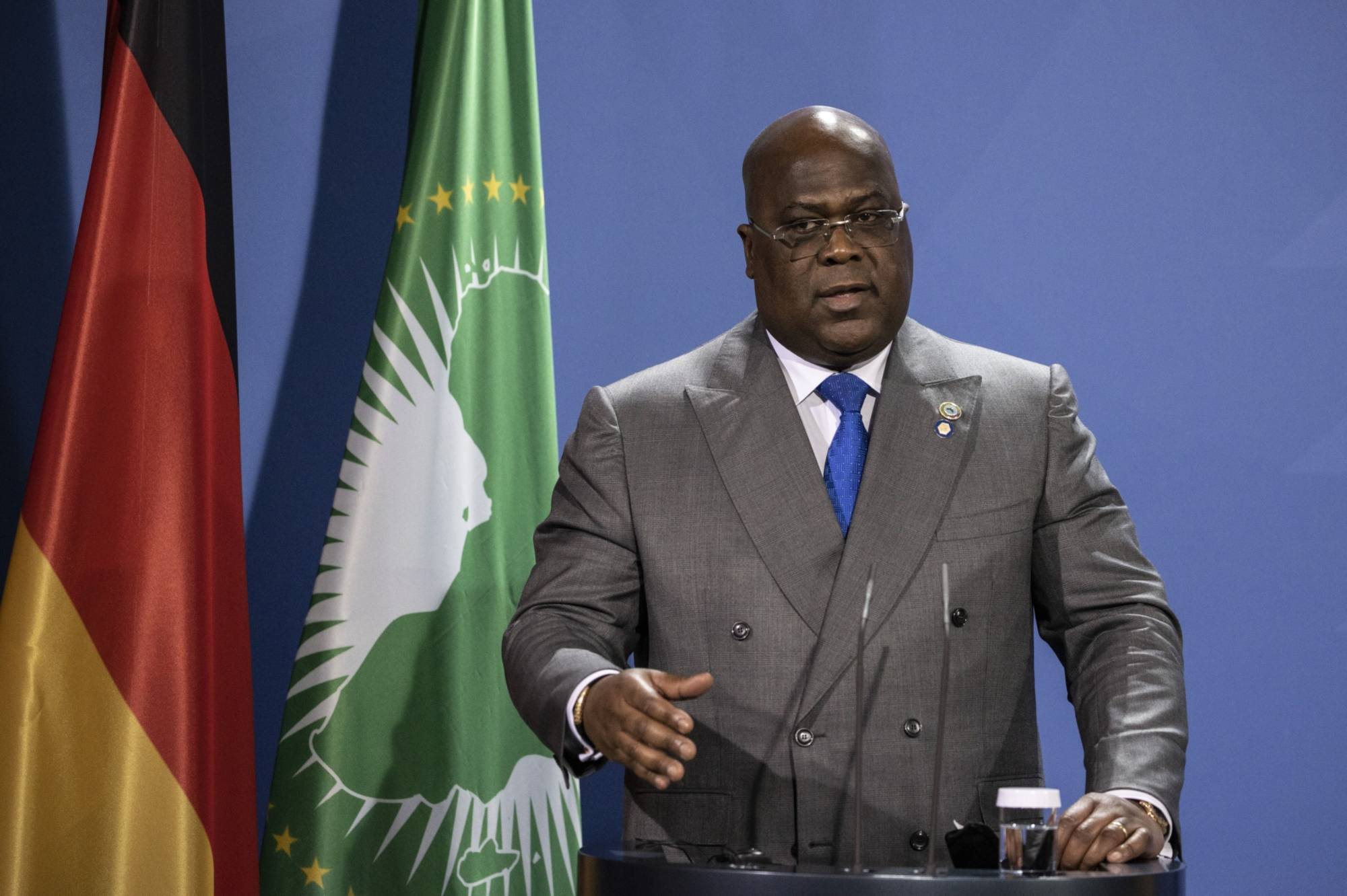 Felix Tshisekedi, President of the Democratic Republic of Congo speaks at a press conference after the G20 Compact with Africa conference at the Chancellery in Berlin in August 2021. | Getty Images / via Bloomberg