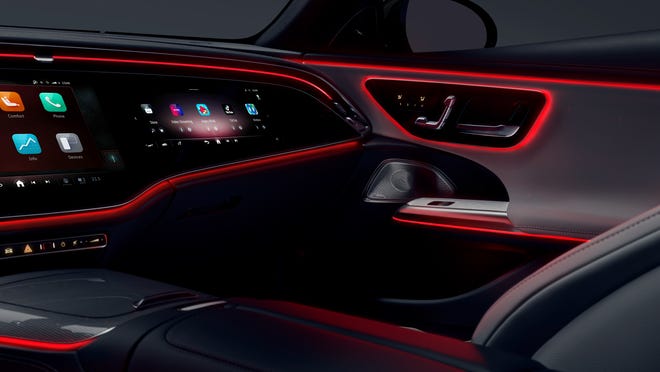The 2024 Mercedes E-class sedan's interior will feature customizable ambient LED lights that can be synced with the Burmeister sound system.