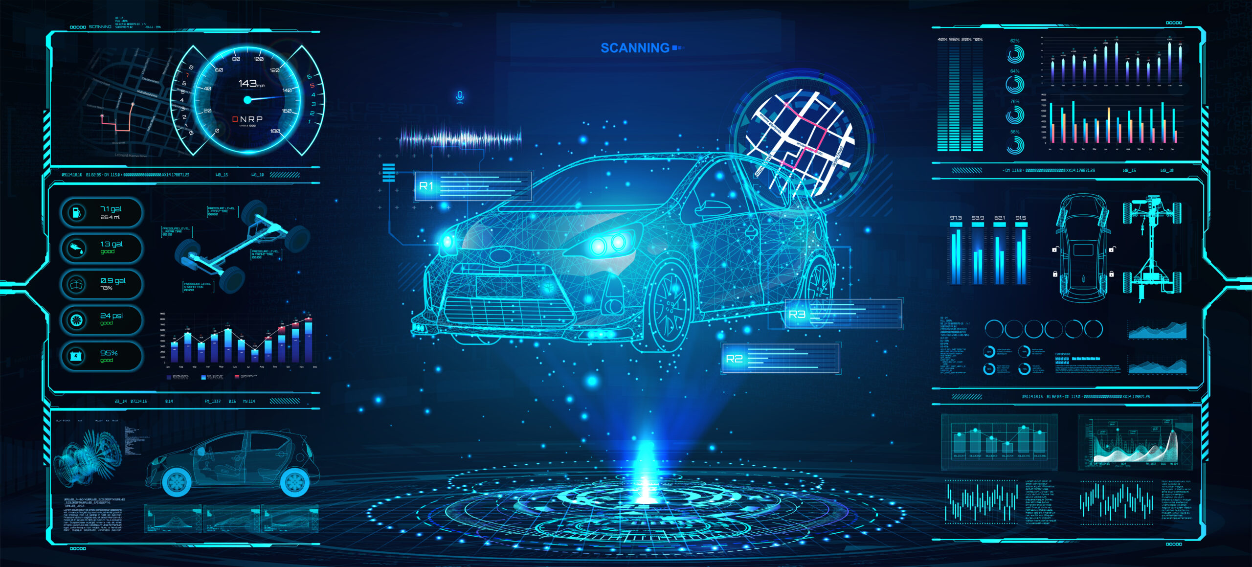 Diagnostic Auto in HUD style. Scan and Maintenance Automobile in 3D visualisation hologram. Hi-tech Car Service with HUD interface. Dashboard in auto service, diagnostic car, repairs cars. Vectord Maintenance 