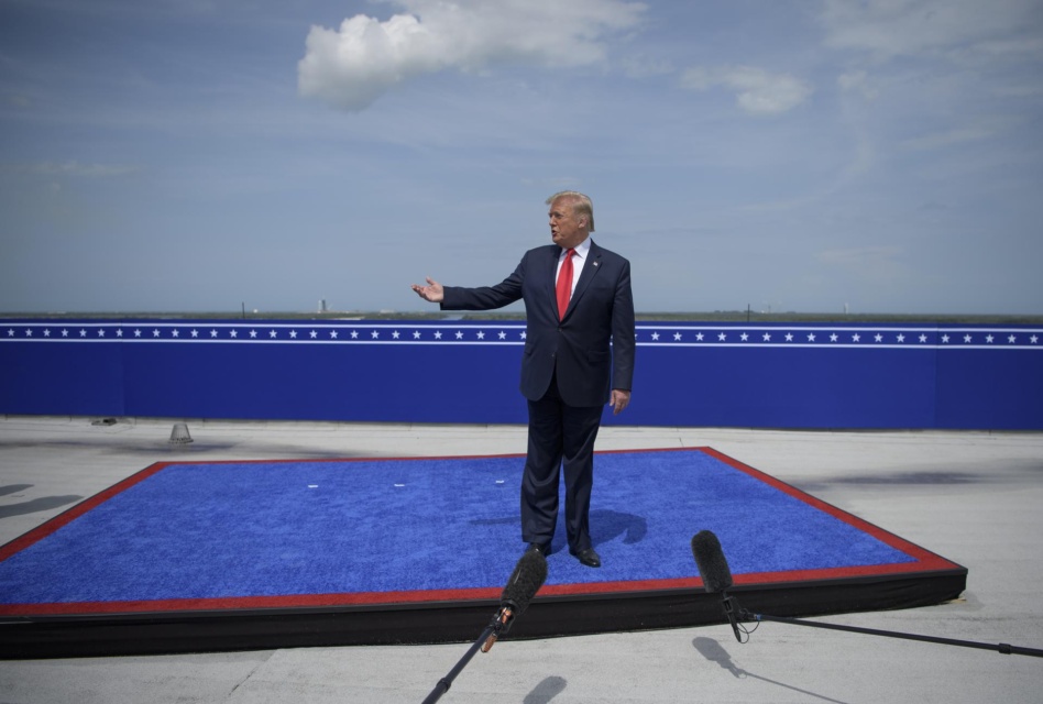 President Donald Trump speaks at the Operations Support Building II after the launch of a SpaceX Falcon 9 rocket carrying the company's Crew Dragon spacecraft on NASA’s SpaceX Demo-2 mission with NASA astronauts Robert Behnken and Douglas Hurley onboard, Saturday, May 30, 2020, at NASA’s Kennedy Space Center in Florida. Image: NASA/Bill Ingalls.
