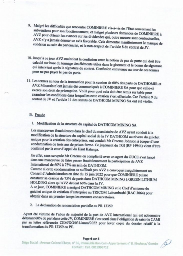 COMINIERE requests the postponement of the decrees waiving PR13359 for several violations and fraud by AVZ 4