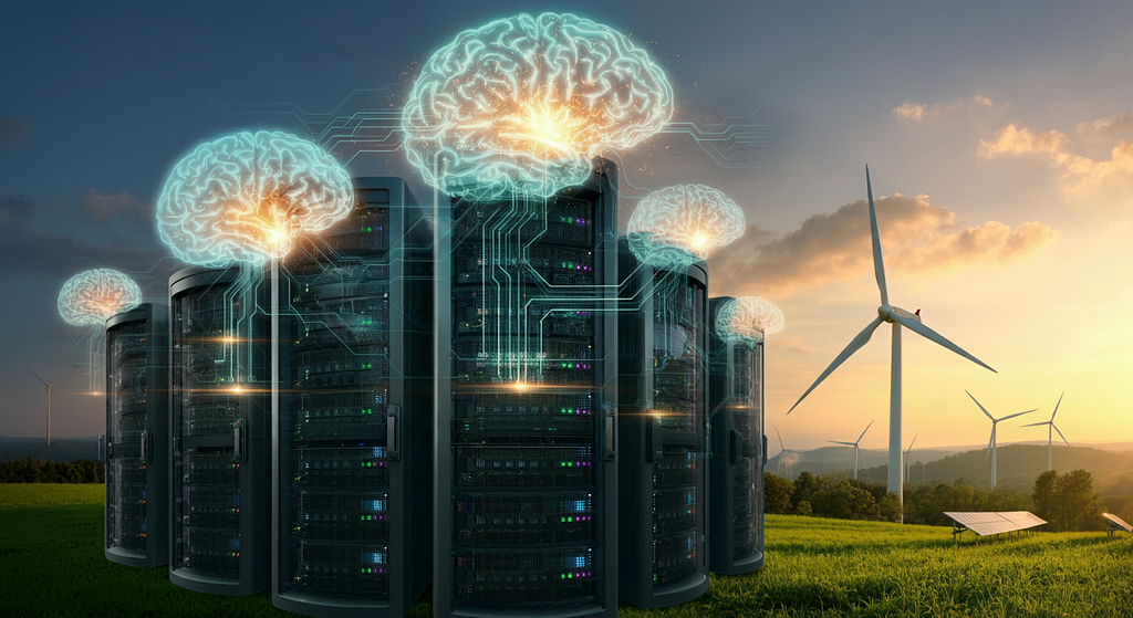 Server towers connected to floating brains with windmills and solar panels in the background.