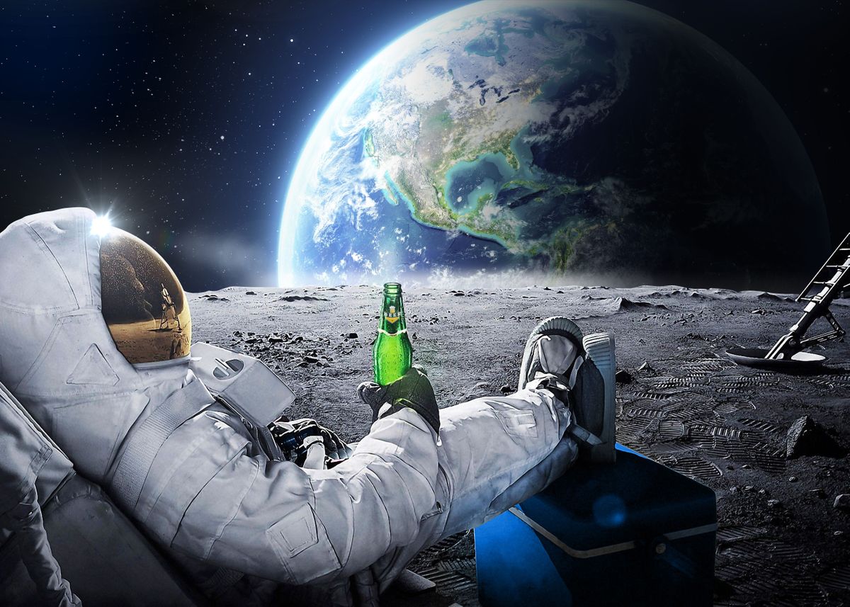 Funny astronaut with beer Poster Print on metal by Synthwave 1950