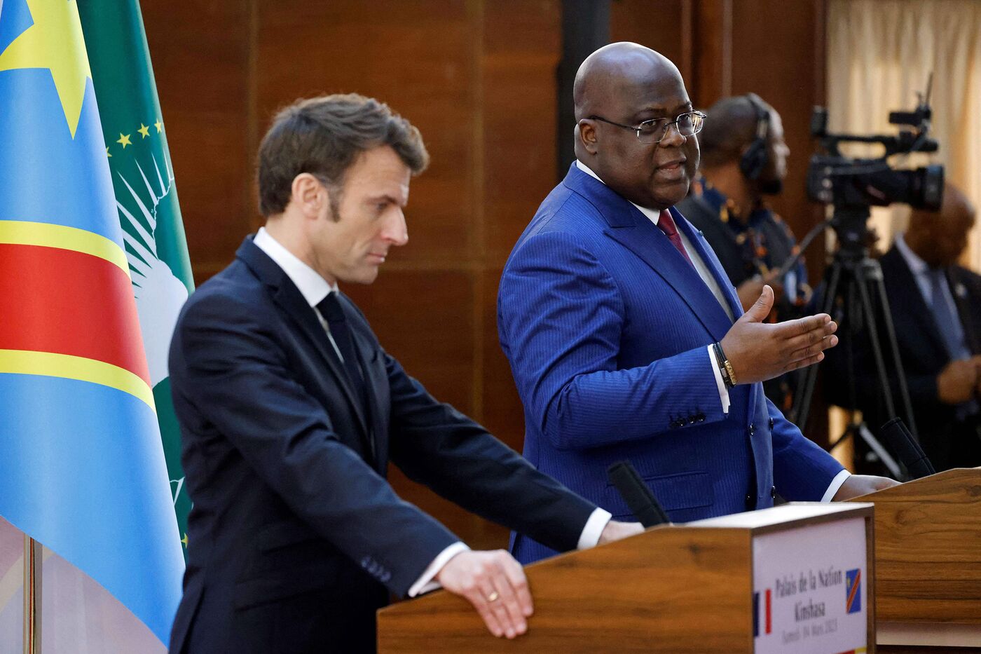 Felix Tshisekedi, right, and Emmanuel Macron hold a joint press conference during their meeting at the Palace of the Nation in Kinshasa, Democratic Republic of the Congo, on March 4.