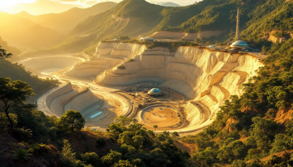Lithium mining operation in lush landscape. Lithium mining operation in lush landscape.