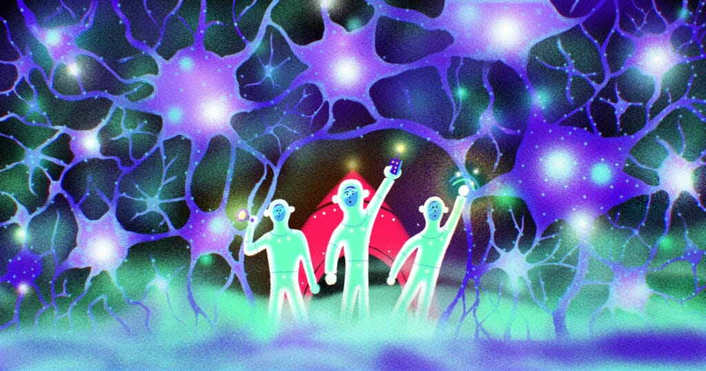illustration of scientists inside a forest of neurons illustration of scientists inside a forest of neurons