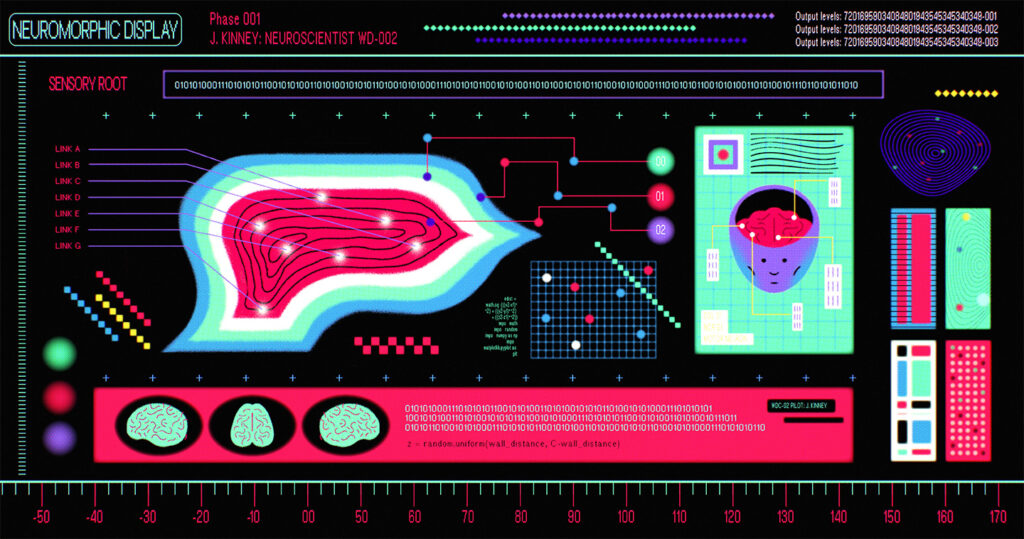 Illustration of a screen showing a brain scan supposedly a neuromorphic computing display with 1s and 0s and random rulers and numbers as decoration Illustration of a screen showing a brain scan supposedly a neuromorphic computing display with 1s and 0s and random rulers and numbers as decoration