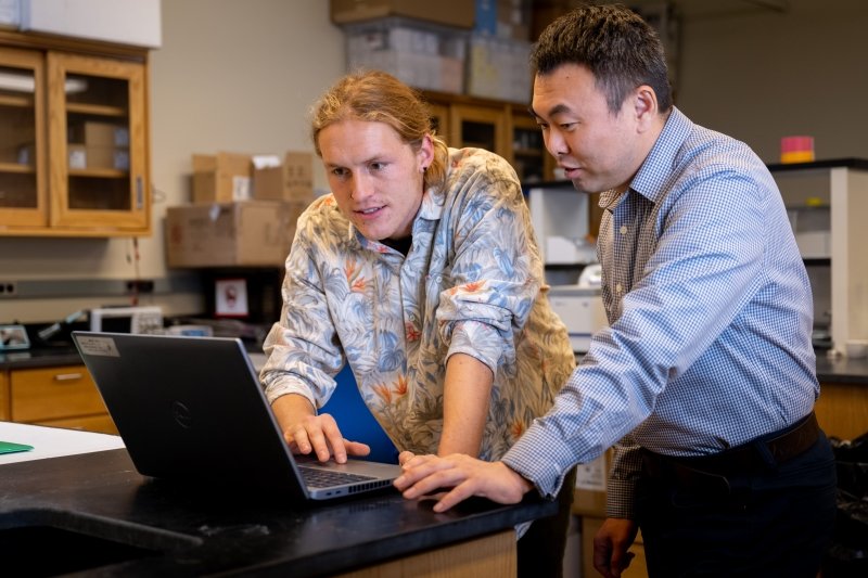 Two Michigan Tech researchers code an Intel Loihi Chip in a lab at Michigan Technological University in winter 2023. Two Michigan Tech researchers code an Intel Loihi Chip in a lab at Michigan Technological University in winter 2023.